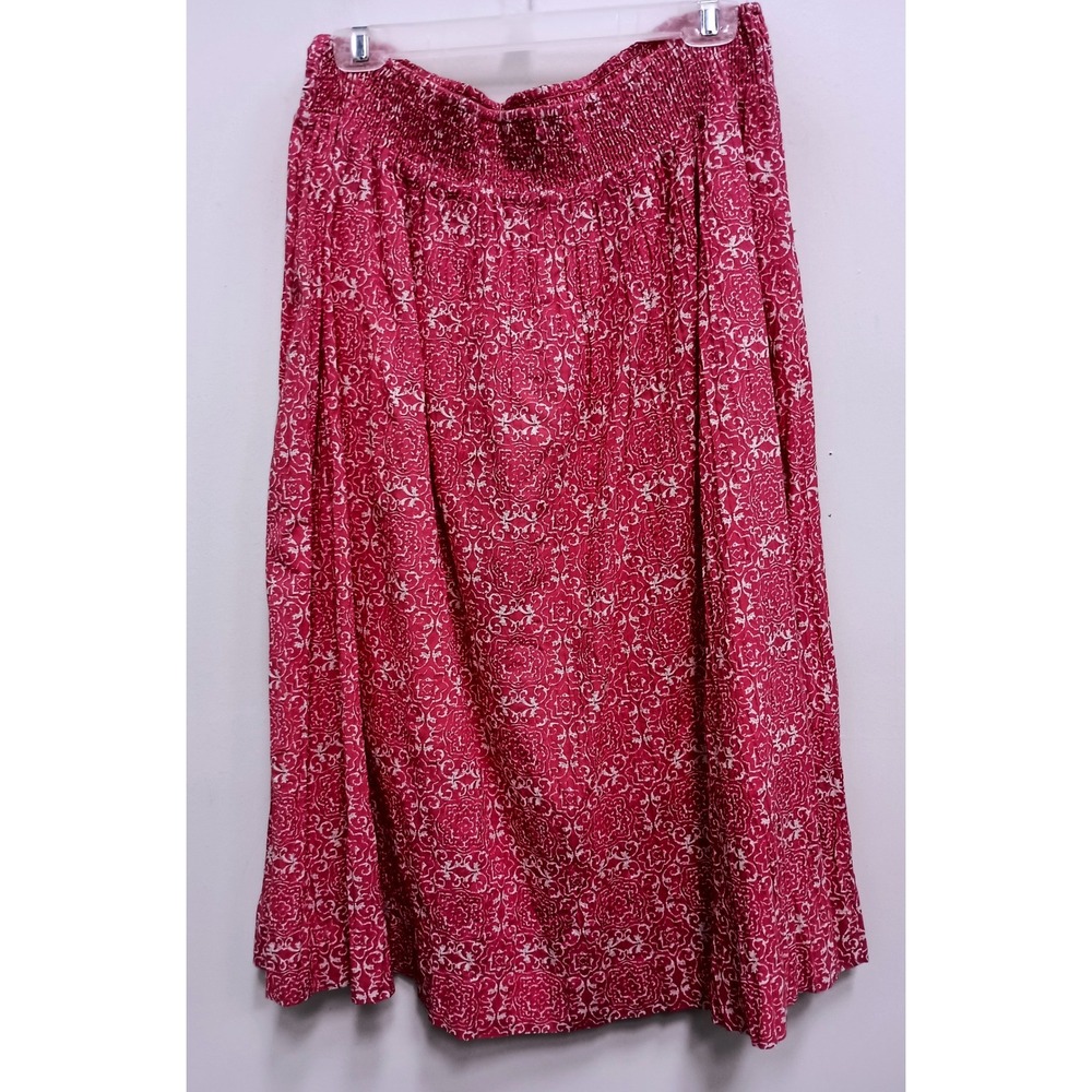 IZOD BOHO Midi Skirt Womens Large Pink‎ White Paisley Smocked Waist Festival